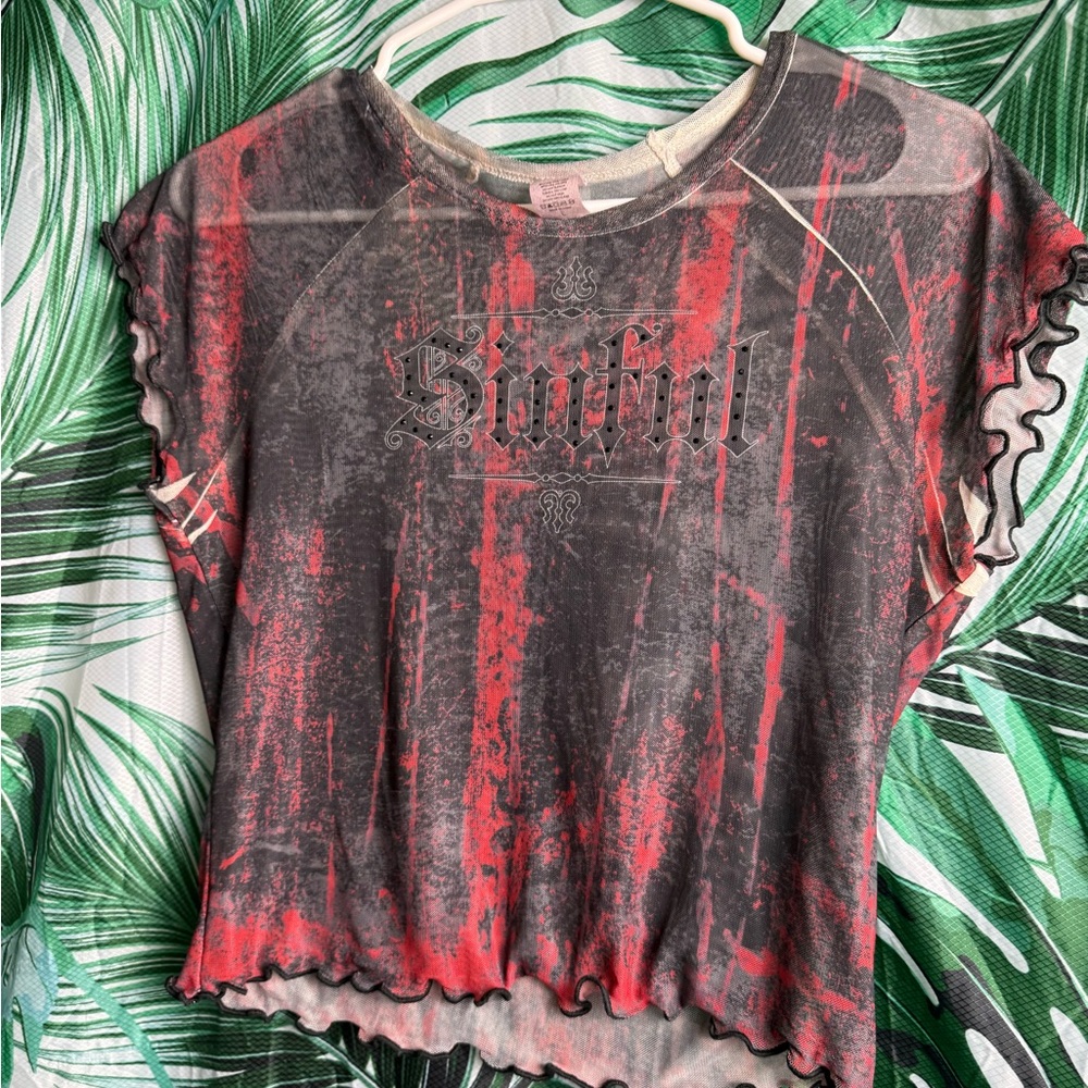 See through Red and Black Graphic Top